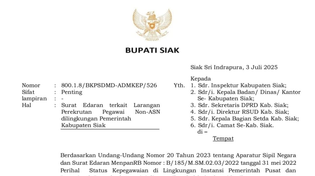 Bupati Siak Afni Terbitkan Surat Edaran Larangan Terima Tenaga Honor Baru